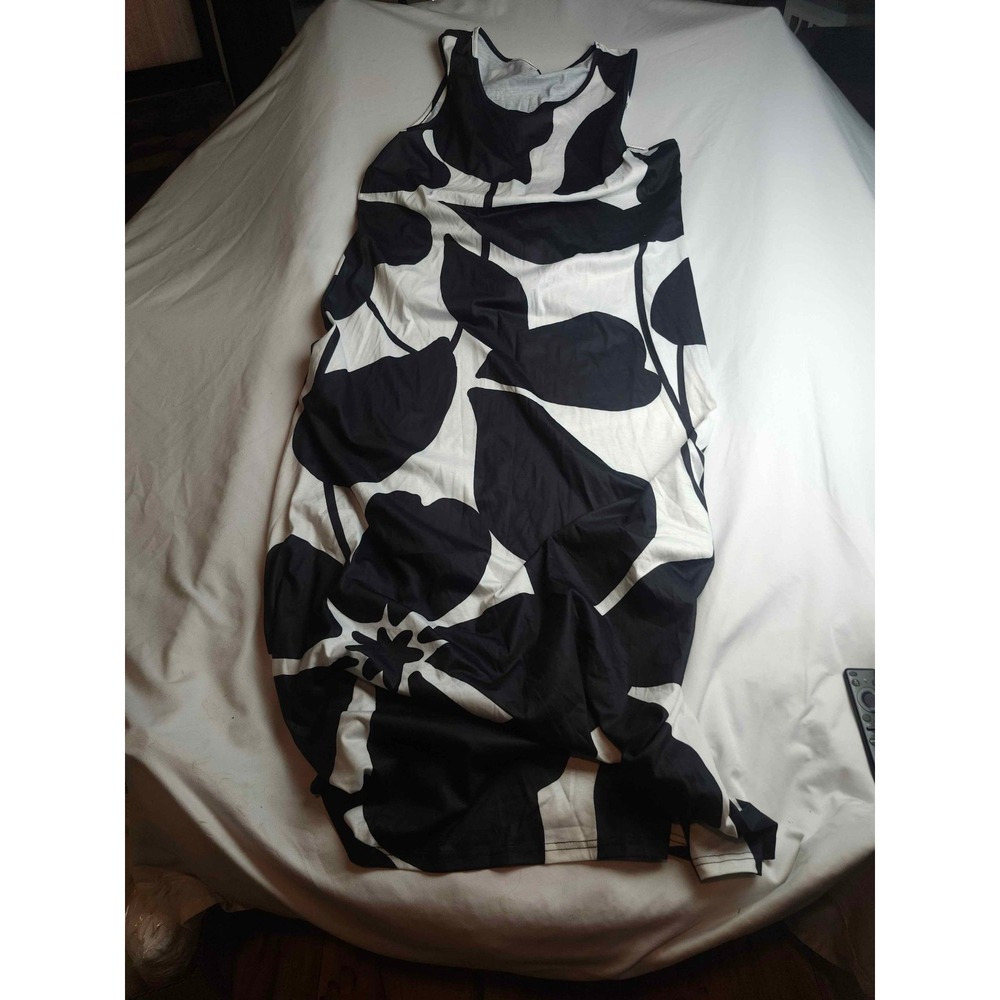 Emery Rose Black White Floral Sleeveless Maxi Dress XL Scoop Neck Jersey Knit